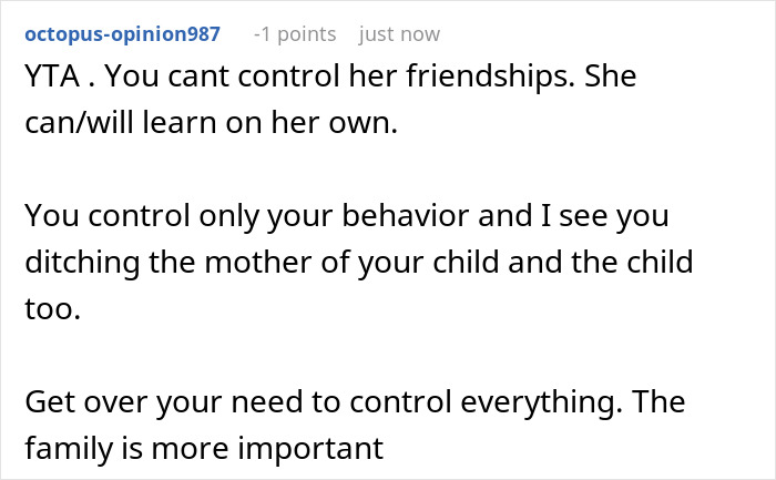 Comment discussing a man giving a pregnant girlfriend an ultimatum due to her insecurities and controlling behavior.