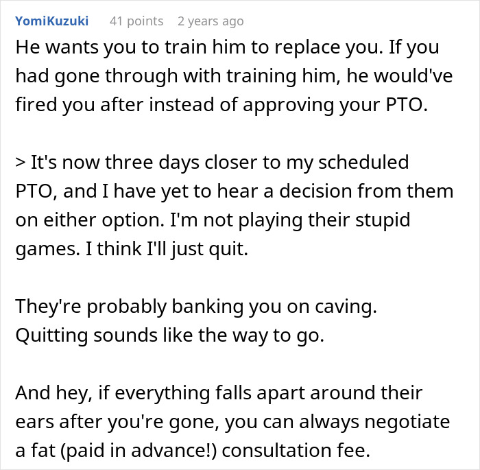 Text comment about quitting after being expected to teach 12 years of knowledge before PTO, sharing frustrations and clapping back with notice.