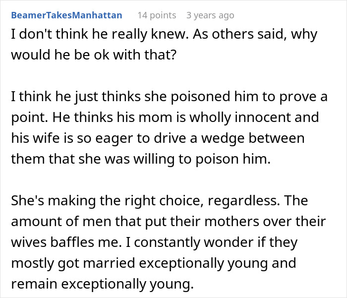 Screenshot of a discussion about a man refusing to believe his mom is poisoning his wife, causing conflict.