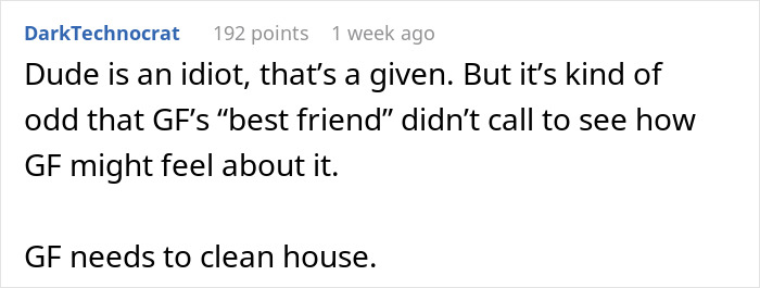 Screenshot of a Reddit comment discussing a girlfriend canceling her dream vacation due to work and her boyfriend inviting her bestie.