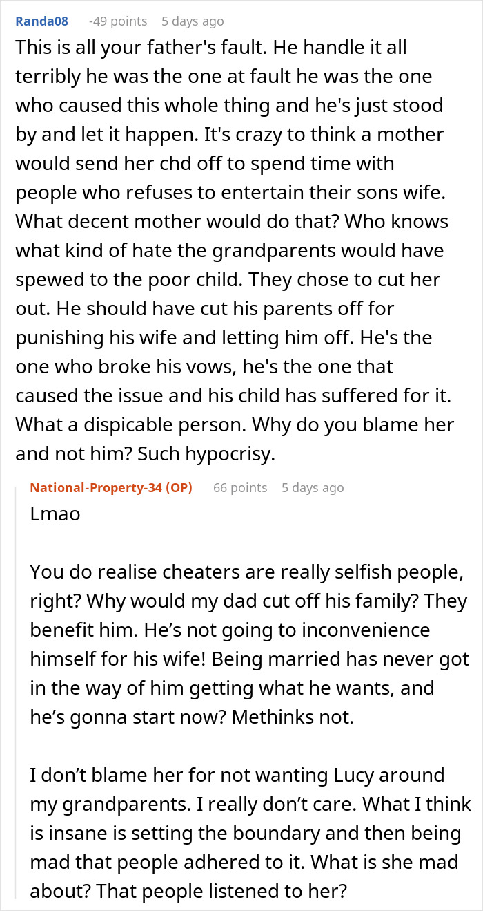 Comments discussing a woman explaining to her dad&rsquo;s affair baby why her grandparents don&rsquo;t see her.