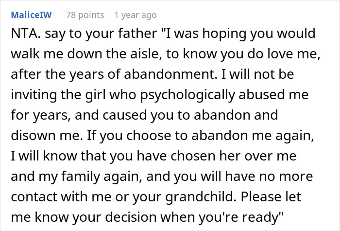 Text from an online forum showing a woman addressing years of abandonment and cutting ties with her family over stepsister abuse.