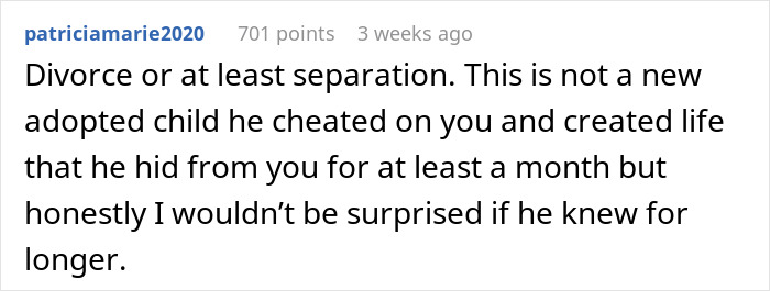 Alt text: Online comment discussing a husband's long hidden affair and its impact on family relationships and trust issues. Alt text: Online comment discussing a husband's long hidden affair and its impact on family relationships and trust issues.