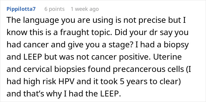Comment discussing cancer diagnosis, HPV, and emotional struggles related to a woman resenting her healthy boyfriend.