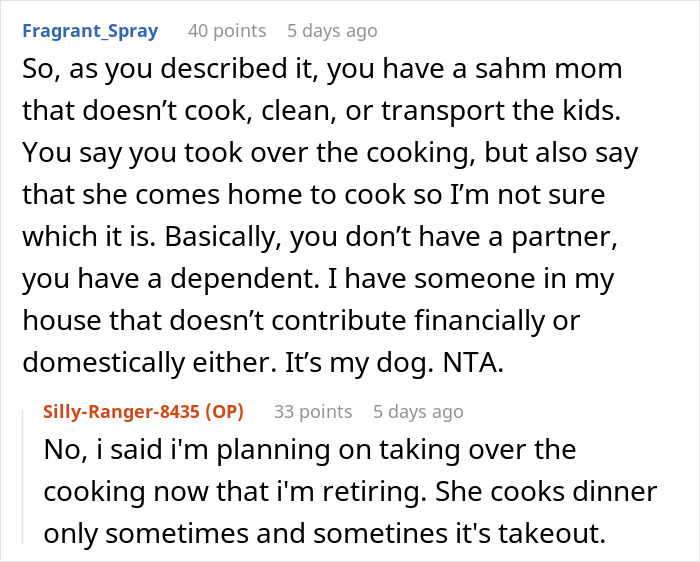 Reddit user debates wife's role as a stay-at-home mom for teens, arguing lack of chores doesn't count as work.