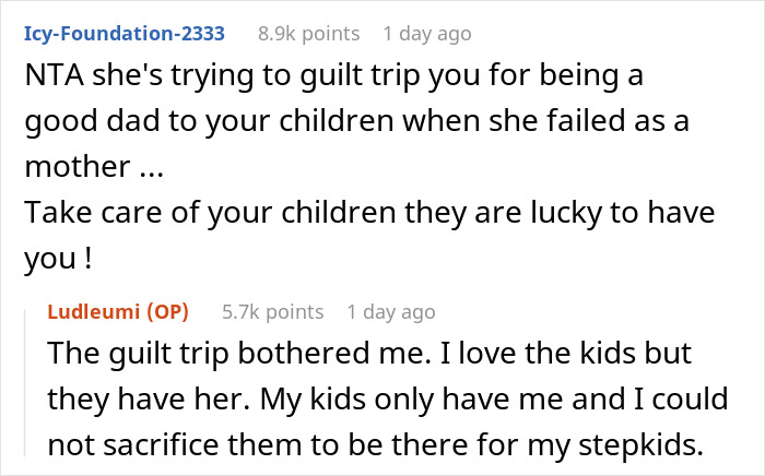 Reddit conversation about a man refusing to let wife&rsquo;s daughter live with his kids, causing family conflict.