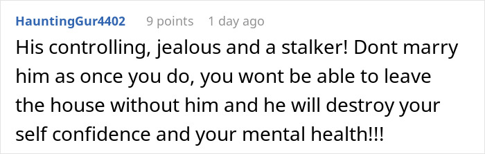 Screenshot of an online comment warning about a controlling, jealous fianc&eacute; affecting confidence and mental health.