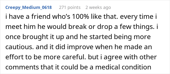 Text post discussing frustration with clumsy girlfriend who keeps breaking and dropping things repeatedly.