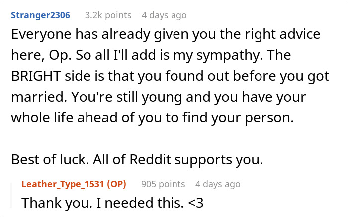 Reddit conversation showing support after bride&rsquo;s world crumbles due to twin sister&rsquo;s and fianc&eacute;&rsquo;s secret revealed.