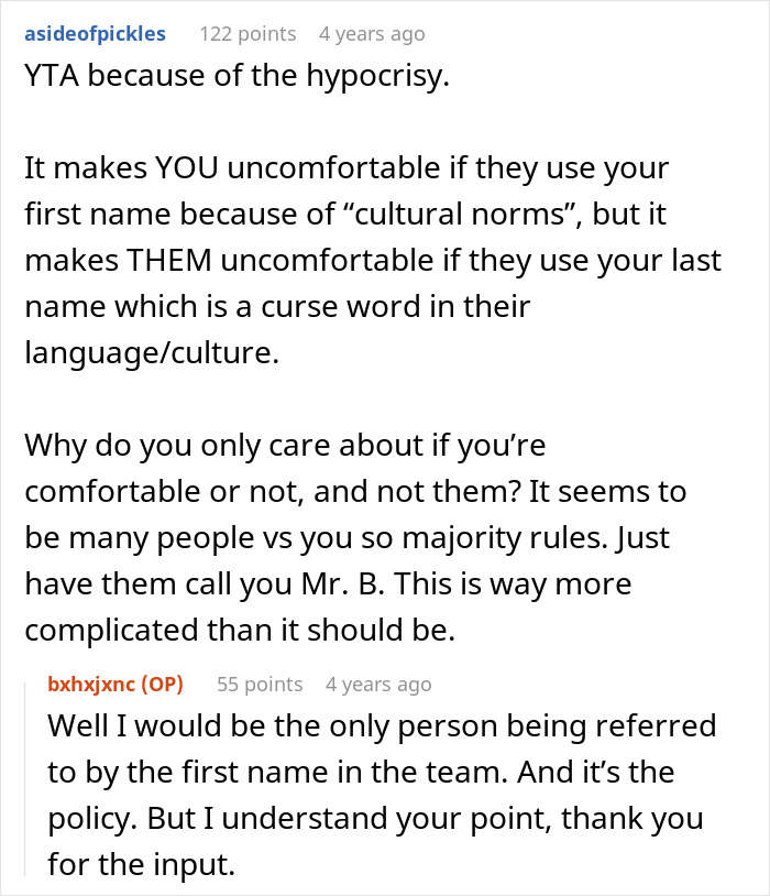 Reddit discussion about man refusing to change his surname for American coworkers due to cultural and language differences. - 17