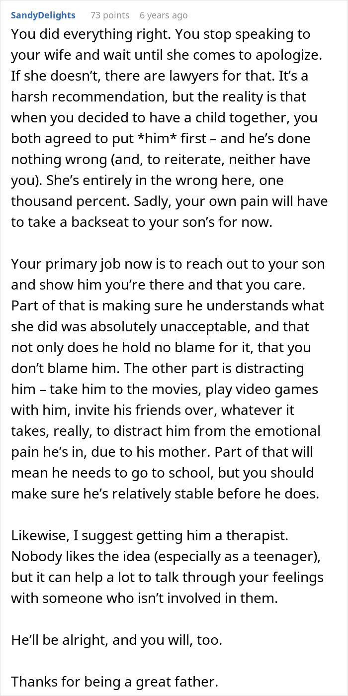 Text advice on supporting gay son after wife reacts negatively and kicks him out, showing strong dad standing by him.