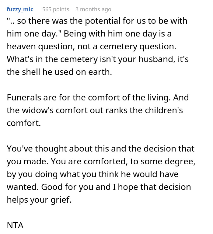Text excerpt discussing a widow's choice to bury late husband with first wife and child, causing hurt feelings in stepkids.