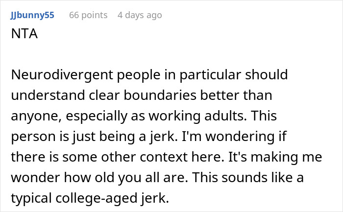 Screenshot of a Reddit comment discussing boundaries and behavior of neurodivergent individuals in social settings.