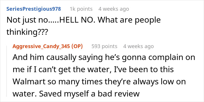 Reddit comments discussing customer demands and Complaints about an Instacart shopper dragging water up 17 floors.