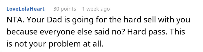 Comment rejecting responsibility as future caregiver for autistic stepbro, expressing firm refusal to accept the role.