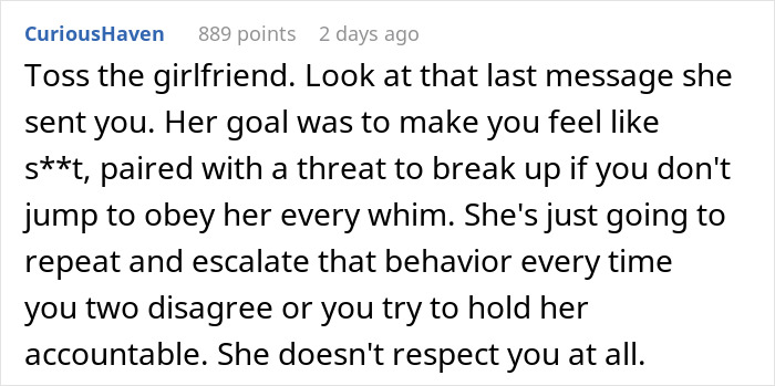 Comment discussing a woman&rsquo;s angry reaction and disrespect after her boyfriend dumped her over thrown-away dinner.