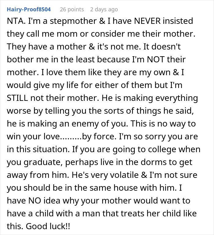 Comment from stepmother about a guy trying to become teen stepson's real dad and facing rejection and family conflict. - 37