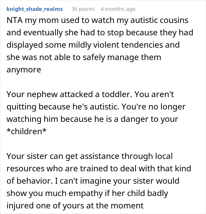 Comment discussing a woman refusing to babysit her autistic nephew after he injures her daughter and spits on her.
