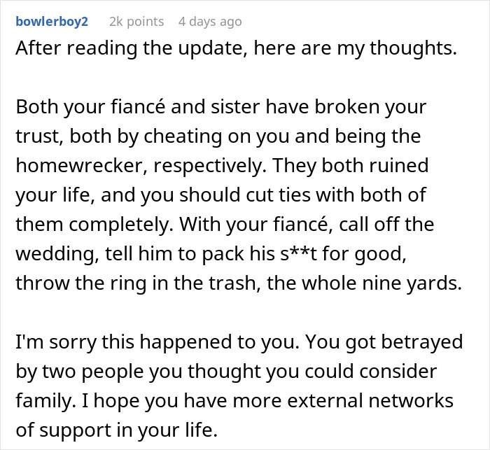 Comment discussing betrayal by fianc&eacute; and twin sister, highlighting bride&rsquo;s world crumbles after secret is revealed.