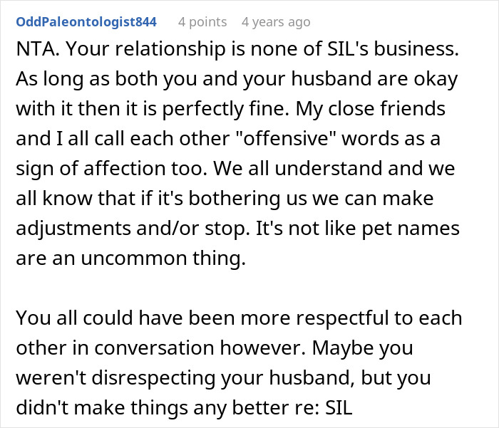 Reddit comment discussing relationships and nicknames, expressing opinions on being cruel and respect in conversations. Reddit comment discussing relationships and nicknames, expressing opinions on being cruel and respect in conversations.