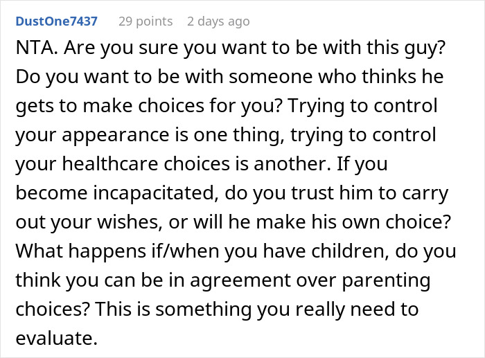 Comment discussing a man wanting control over wife's body decisions and the importance of healthcare and parenting choices. Comment discussing a man wanting control over wife's body decisions and the importance of healthcare and parenting choices.