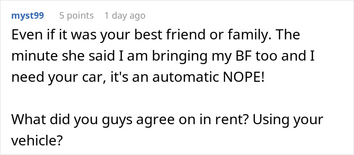 Screenshot of a social media comment discussing a couple hosting an old friend and facing wild requests. Screenshot of a social media comment discussing a couple hosting an old friend and facing wild requests.