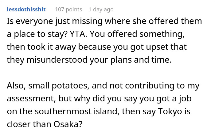Screenshot of Reddit comment discussing a woman telling friends she’s not a hotel after being excluded from trips. Screenshot of Reddit comment discussing a woman telling friends she’s not a hotel after being excluded from trips.
