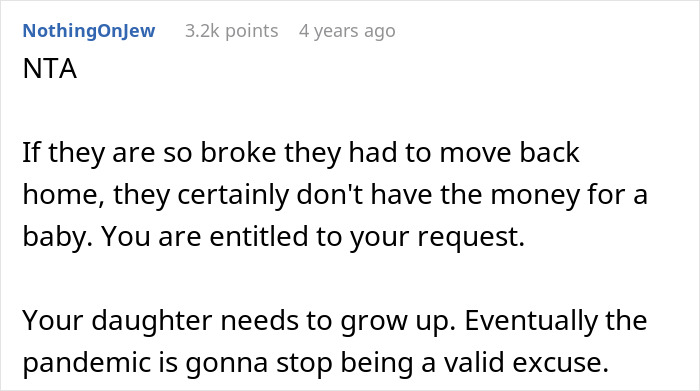 Screenshot of an online comment discussing parents forbidding their daughter to have a baby under their roof and its impact.