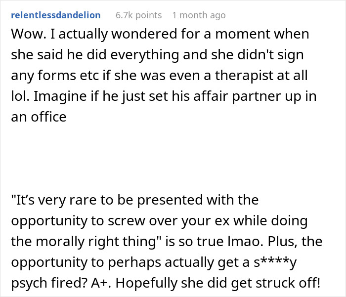 Screenshot of Reddit comments discussing a couple's therapist ruining a lady's mental health and marrying the man.