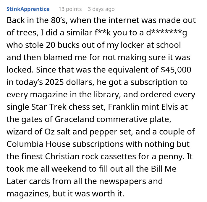 Comment from user describing a creative way to get karma against a difficult person causing trouble for a grieving employee.