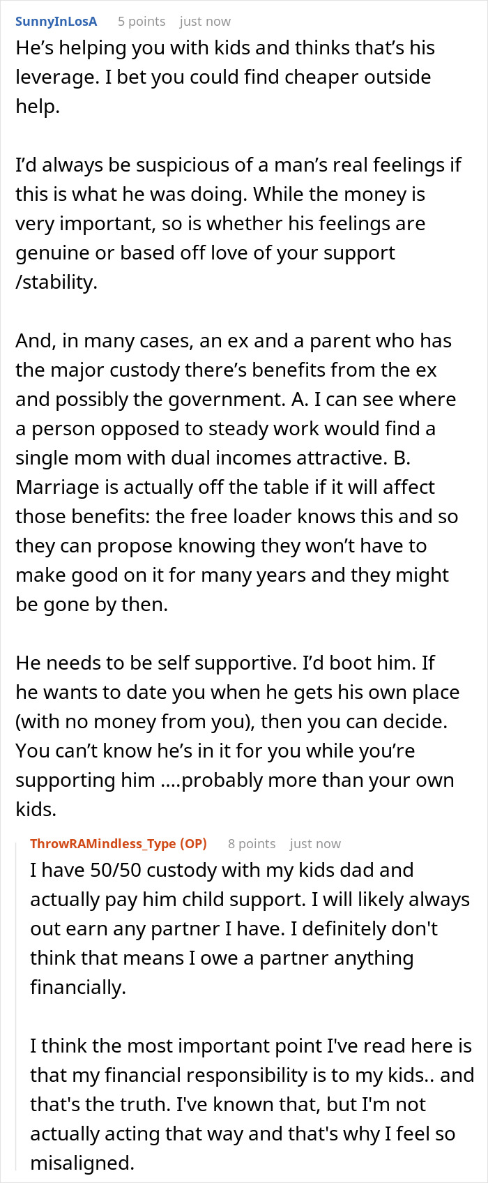 Screenshot of a forum conversation about a woman feeling financially trapped by her jobless fianc&eacute; living off her.