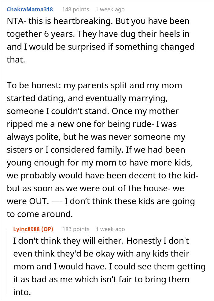 Screenshot of an online discussion about a man trying to win over fiancee&rsquo;s kids for 6 years and considering breaking up.