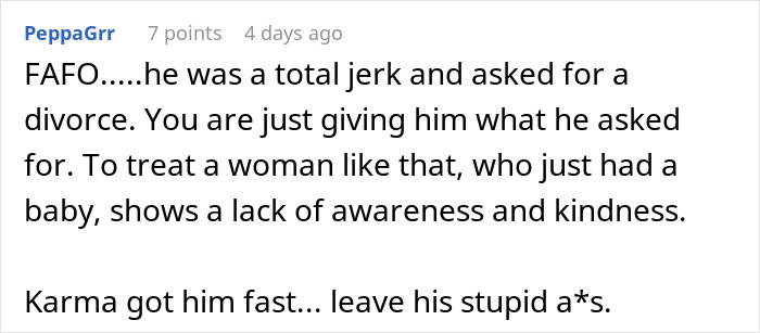 Comment about man demanding divorce from fat and lazy wife after losing his job, highlighting karma and kindness. Comment about man demanding divorce from fat and lazy wife after losing his job, highlighting karma and kindness.