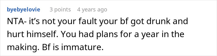 Comment discussing a boyfriend throwing a tantrum after his girlfriend leaves on vacation despite his injury, calling him immature.