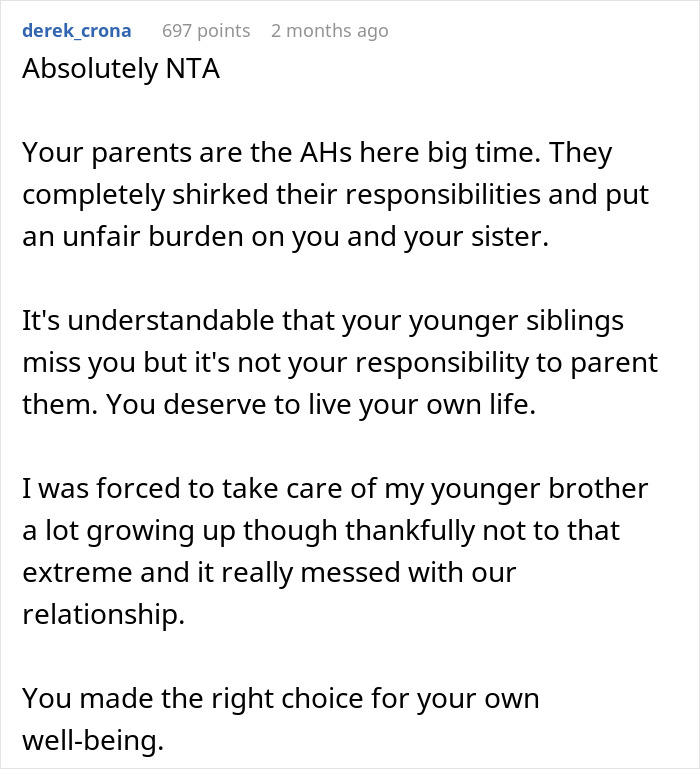 Comment discussing the relationship siblings sister mom and the unfair responsibilities placed by parents.