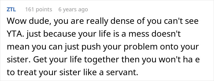 Comment criticizing a man for accusing his sister of being a stranger to his kids over childcare refusal.