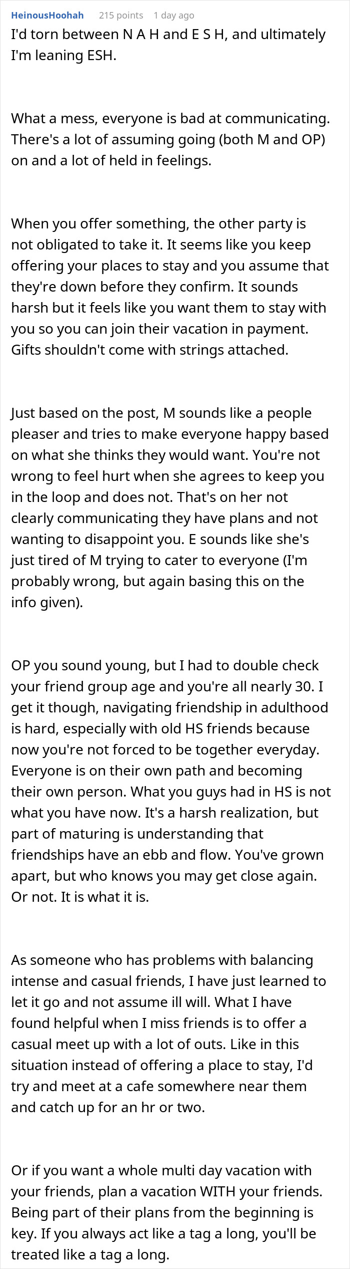 Screenshot of Reddit comment discussing friendship communication and feeling excluded from group trips, addressing woman not being a hotel. Screenshot of Reddit comment discussing friendship communication and feeling excluded from group trips, addressing woman not being a hotel.