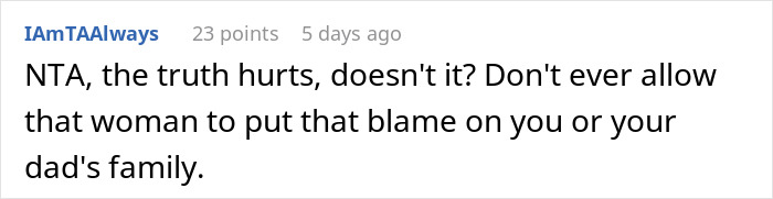 Screenshot of a comment discussing a woman telling her dad&rsquo;s affair baby the real reason why grandparents don&rsquo;t see her.