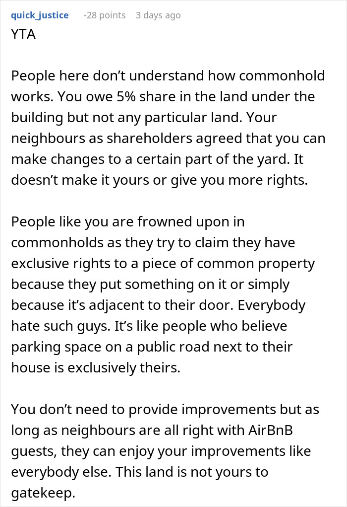 Comment explaining commonhold rights and neighbor disputes about Airbnb guests using shared patio space.