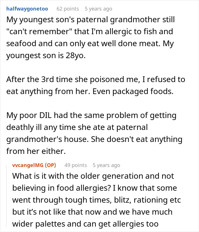 Reddit user shares experience of mil-try-poison-woman ignoring food allergies and causing harm through meals.