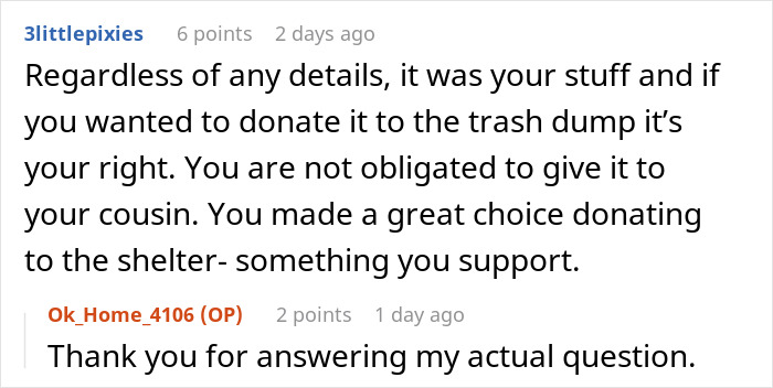 Conversation screenshot showing a user discussing family donation choices and expressing gratitude for a direct answer.