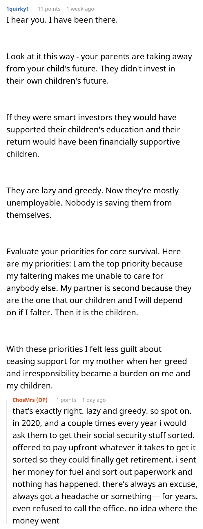 Commenter discussing elderly parents being lazy and greedy after squandering savings and expecting daughter support. Commenter discussing elderly parents being lazy and greedy after squandering savings and expecting daughter support.