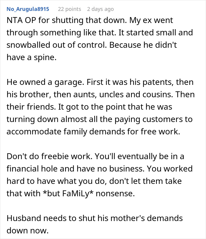 Comment warning against free salon service demands from family after marriage causing business issues. Comment warning against free salon service demands from family after marriage causing business issues.