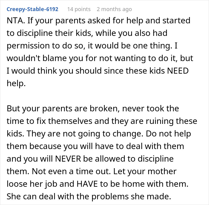 Screenshot of a Reddit comment discussing a guy refusing to babysit siblings after being treated like a stranger. Screenshot of a Reddit comment discussing a guy refusing to babysit siblings after being treated like a stranger.