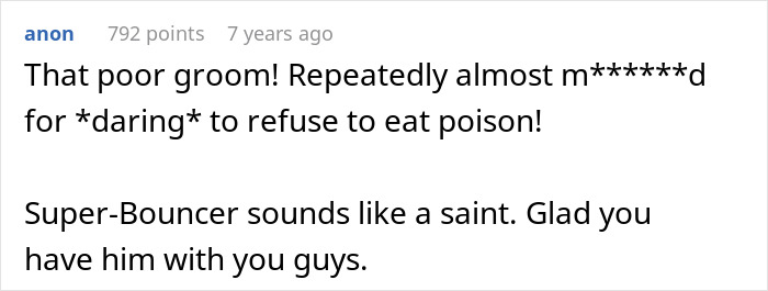 Text comment about a groom nearly harmed and a super-bouncer praised for protection during chaotic wedding crime scene incident.