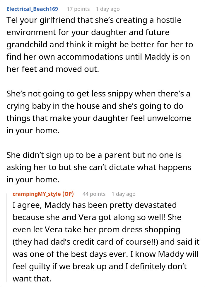 Reddit advice thread discussing girlfriend laying down ultimatum after caring dad lets pregnant daughter move back home.