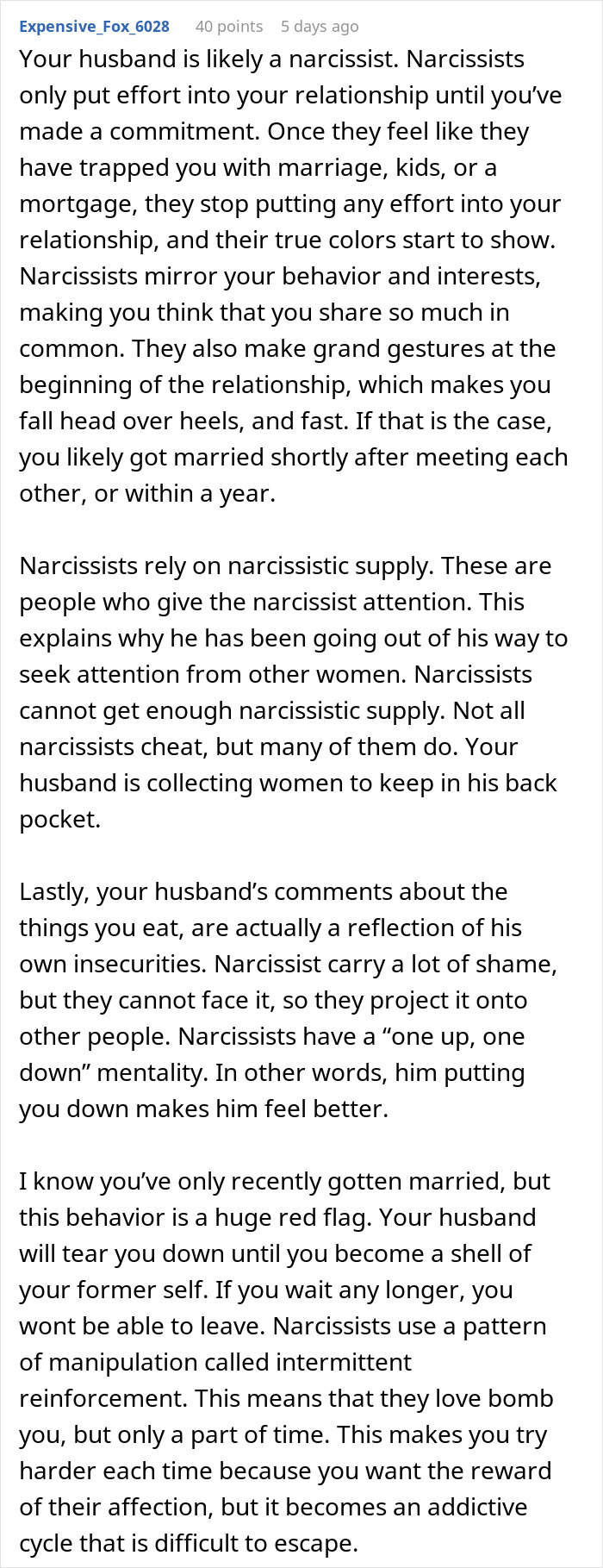 Text explaining narcissistic behavior changes in a husband since their wedding, describing relationship red flags and manipulation.