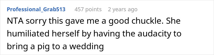 Comment text on a white background about a mother humiliating herself by bringing a pet pig to a wedding.