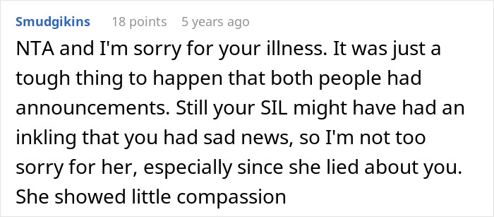 Comment expressing sympathy for woman needing family support after devastating news, criticizing SIL for lack of compassion and causing drama.