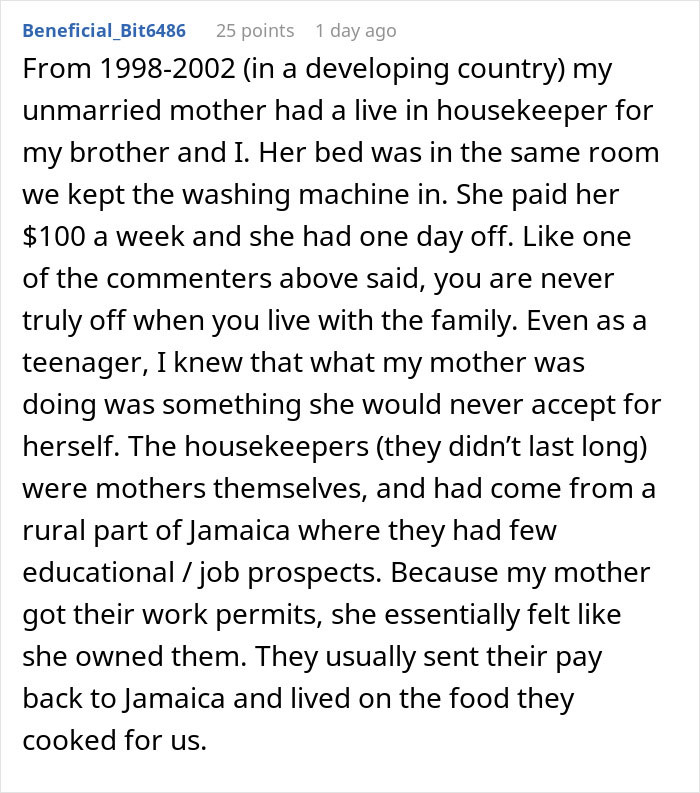 Text post discussing a mother's low wage live-in housekeeper and babysitters deserving a living wage reality check.
